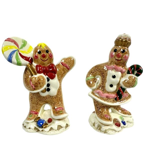 Fitz Floyd Candy Lane Express Holiday Gingerbread Couple Salt & Pepper-No box - Picture 1 of 5